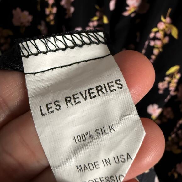 Les Reveries Black Floral Printed Short Sleeve A-Line Silk Midi Dress Size 4 - Picture 14 of 14
